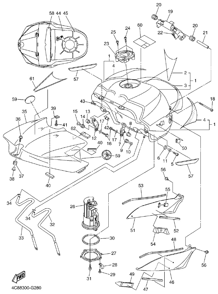 Yamaha R1 2008 FUEL TANK parts diagram